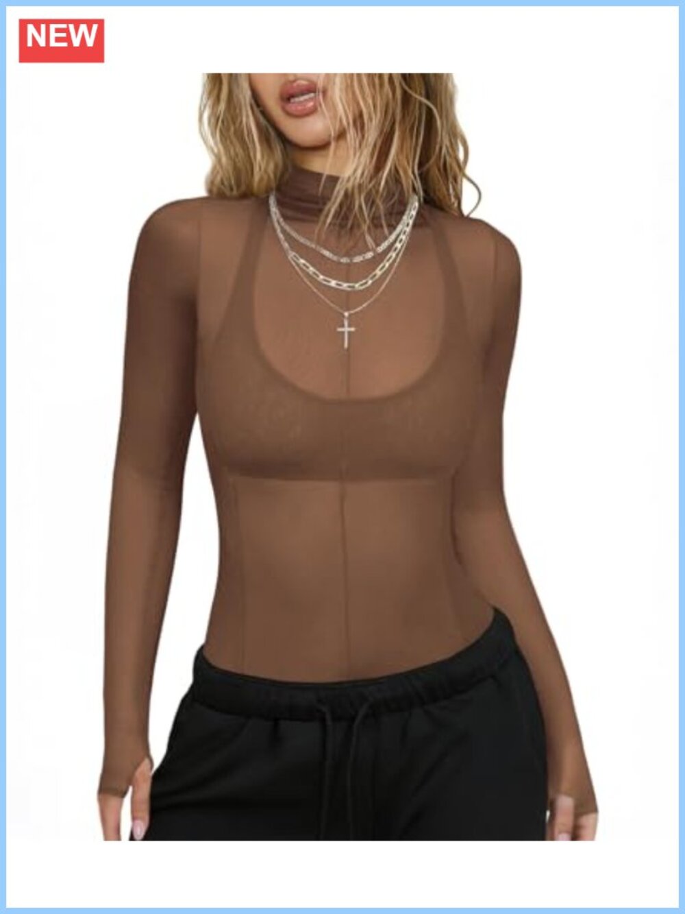 Mesh Sheer Long Sleeve Mock Neck Top Thumbholes Layering Shirt